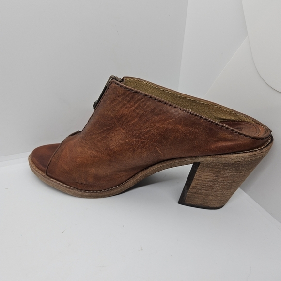 Frye cognac Izzy Zip moto sandal heeled mule peeptoe size 9B - Picture 7 of 13